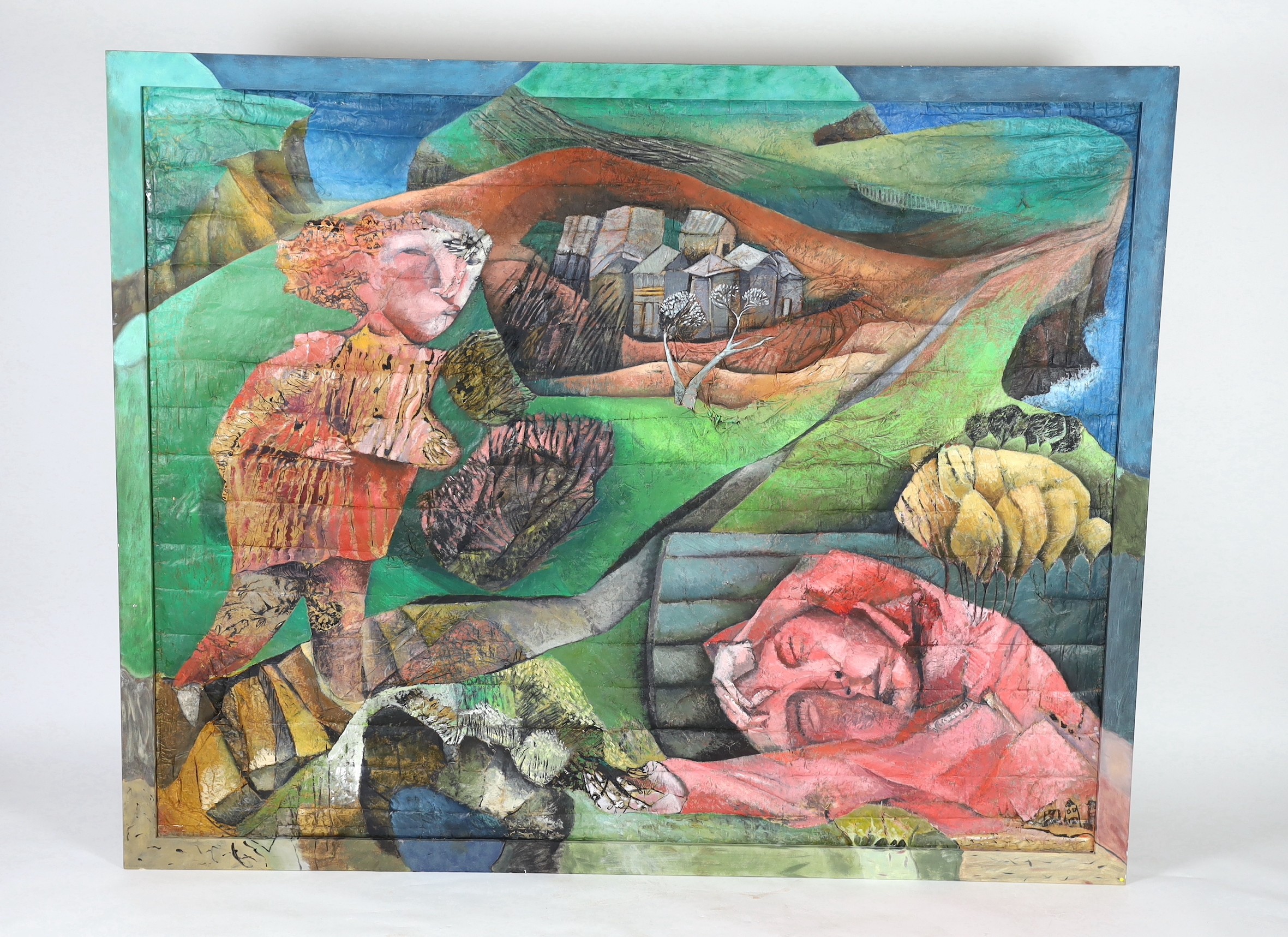 Philippa Clayden (1955-) , Figures in a landscape, oil and mixed media on fabric and card, 171 x 214cm
